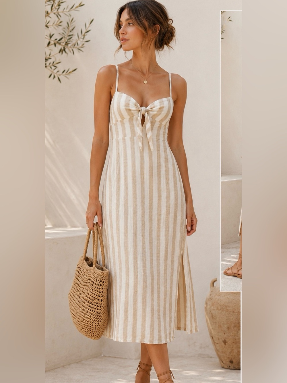 Faithfull the Brand Fiscardo Linen Striped Tie Front Midi Dress M